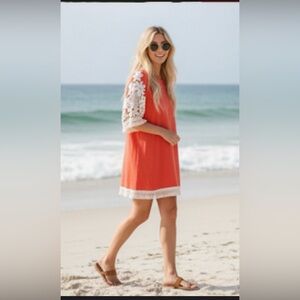 Umgee Coral Boho Crochet Lace Sleeve Mini Shift Dress Small